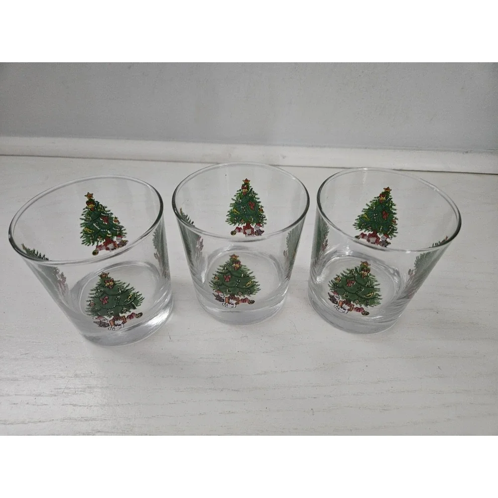 Christmas Tree Glasses Lowball Whiskey Rocks Retro Glass Set of 3 Vintage‎